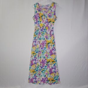 Nina Leonard Maxi Empire Waist Dress Medium 90s Easter Floral Sleeveless Stretch